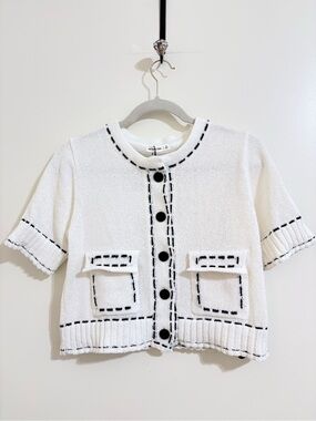 Active USA 2Pc White Short-Sleeve Knit Cardigan with Black Stitching and Skirt M